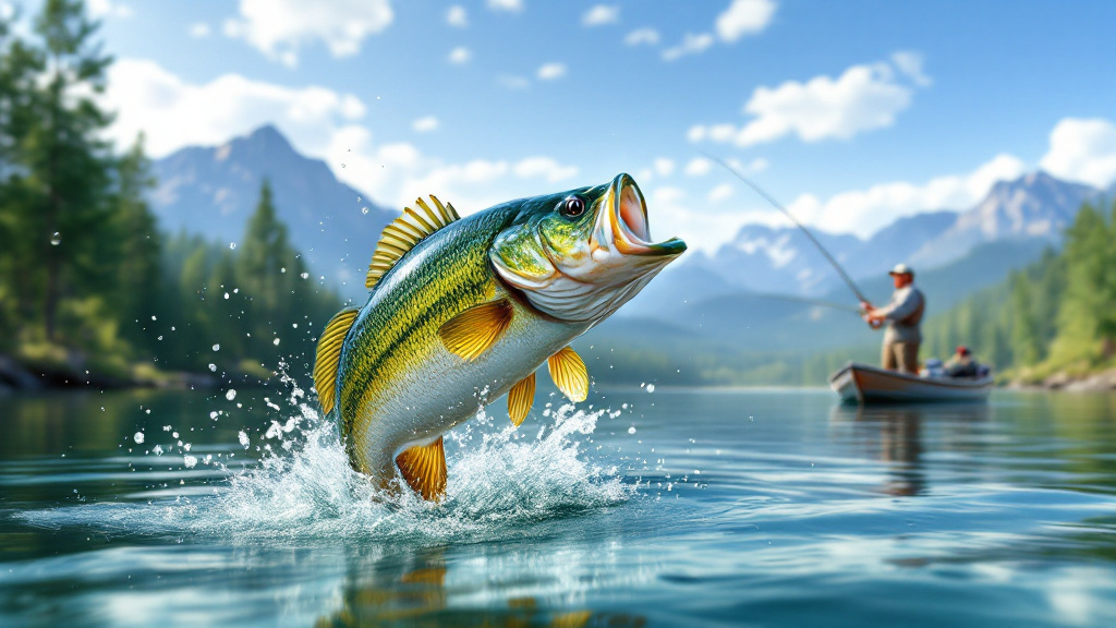 illustrating a dynamic bass bonanza fishing game setting The focus is on a magnificent, healthy bass fish leaping out of crystal-clear water, with splashes and ripples around it In the ba